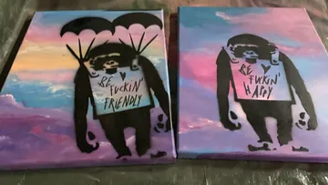 Two paintings show perverted monkeys with unusual sayings.