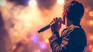 Person singing on stage with microphone, colorful lights.
