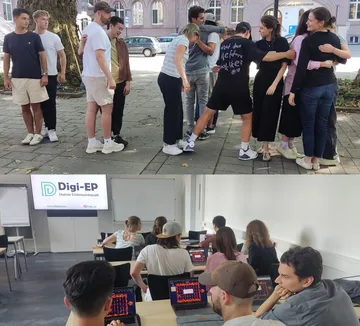Group of people hug each other outside while others learn.