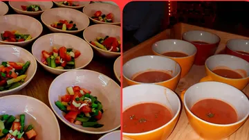 Bowls of fresh vegetables, next to them small soup cups.