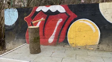 Ein Baumstamm steht auf einem Gehweg vor einer Wandkunst.