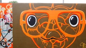 Graffiti zeigt ein großes, lustiges Tier mit Brille.