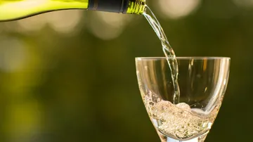 Eine Flasche schenkt sprudelndes Wasser in ein Glas.