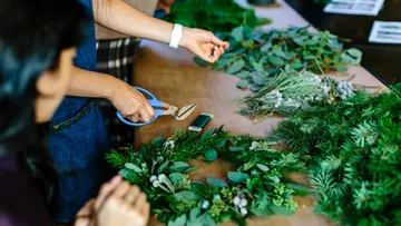Two-handed scissors cutting of herbs on table.
