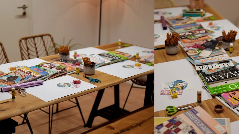 Crafting materials on a table; creative activity in the room.