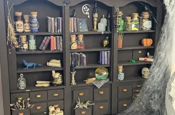 A shelf full of bottles, books, and mystical objects.