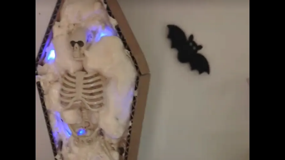 Skeleton in coffin with bat on wall.