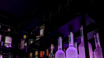 High rack with various spirits in a dark environment.