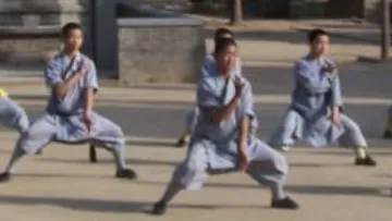 Eine Gruppe von Schülern übt Kampfkunst im Freien.