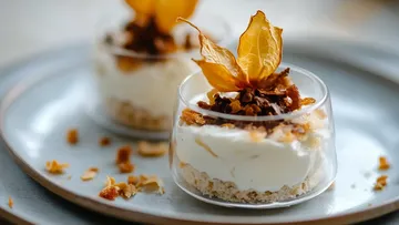 Zwei Desserts in Gläsern auf einem Teller serviert.