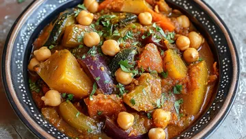 Bunte Gemüse-Curry mit Kichererbsen in tiefer Schale serviert.