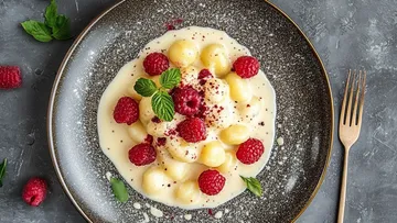 Gnocchi mit Himbeeren und Sahnesauce auf schwarzem Teller.