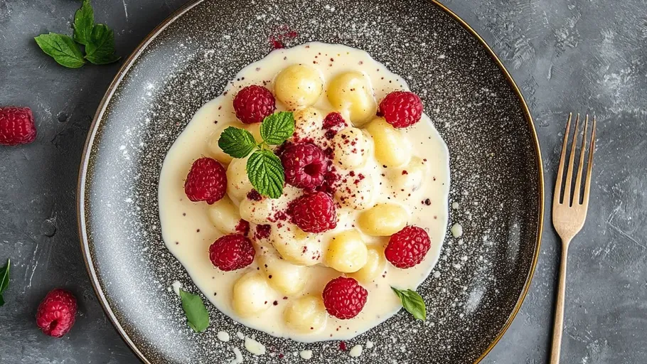 Gnocchi mit Himbeeren und Sahnesauce auf schwarzem Teller.
