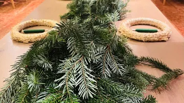 Pine branches on table with straw rings.