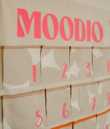 Wandorganizer mit beschrifteten Taschen und „MOODIO“ -Text.