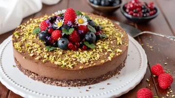 Schokoladenkuchen mit Beeren und Pistazien obendrauf.