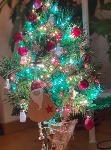 Weihnachtsbaum mit bunten Lichtern und Ornamenten.