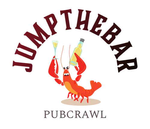 Cartoon lobster holding drinks with text 'JUMP THE BAY PUB CRAWL'.