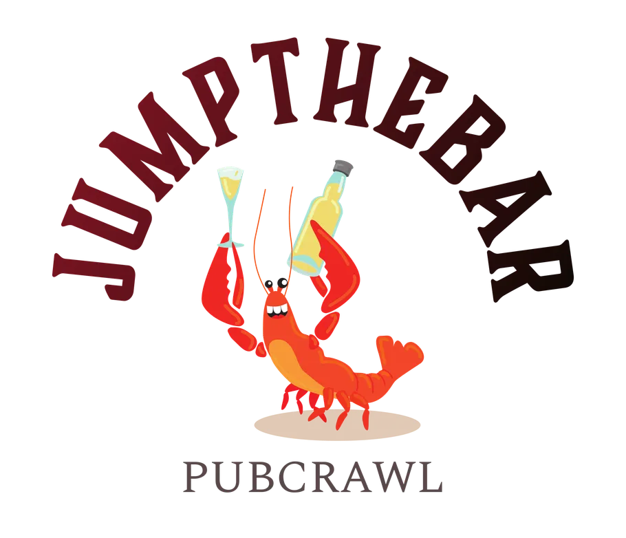Cartoon-Hummer mit Getränken mit dem Text „JUMP THE BAY PUB CRAWL“.