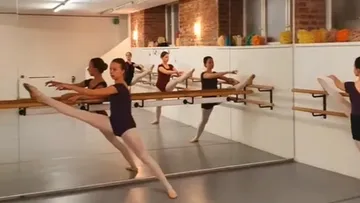 Ballet dancers practicing at barre in studio.