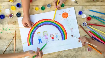 Regenbogen mit den Händen bemalen und Familie zeichnen.