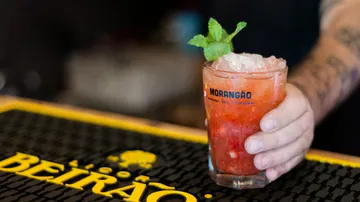 Hand holding a cocktail with mint garnish.