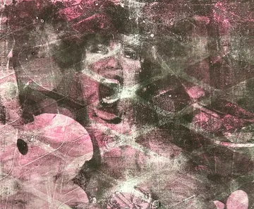 Abstract image with rough textures and pink hues.