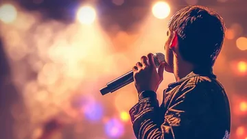Singer holding microphone on stage with lights.