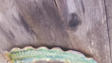 Ceramic leaf platter on wooden surface