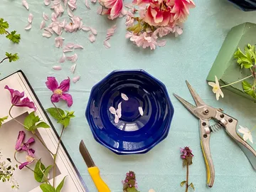 Blue bowl with flower petals arranged on a table.