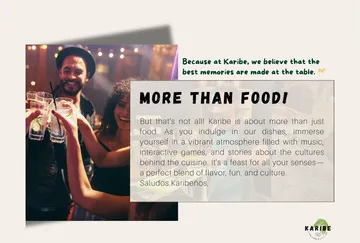 People toasting with drinks, text overlay describing vibrant dining at Karibe.