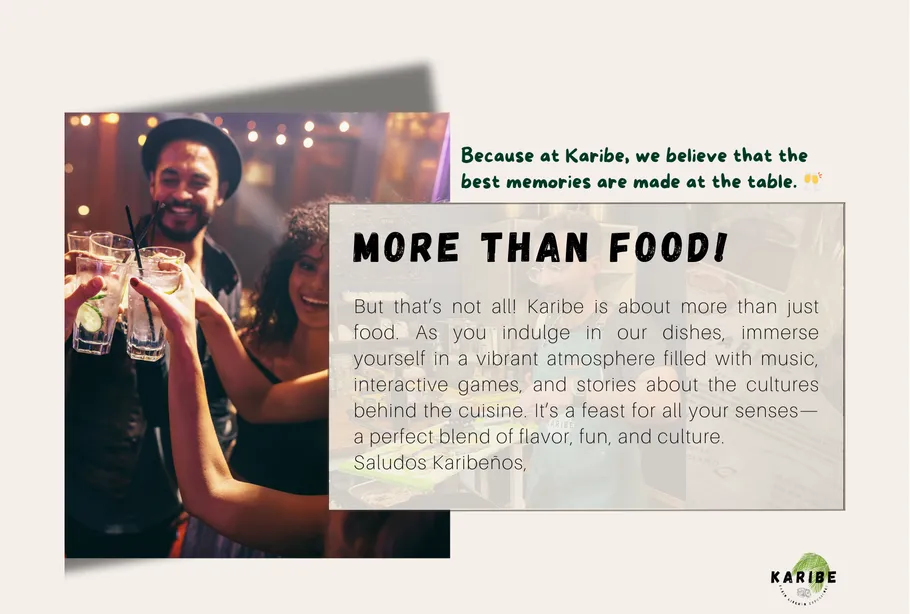 People toasting with drinks, text overlay describing vibrant dining at Karibe.