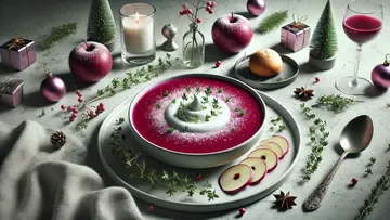 Festive red soup garnished with herbs, surrounded by holiday decor.
