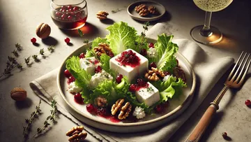 Salad with feta, walnuts, and cranberries on plate.