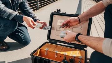 Two people exchanging cards from box outdoors.