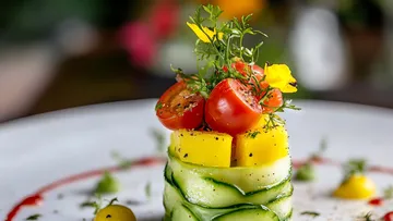 Cucumber-mango tower with cherry tomatoes, herbs.