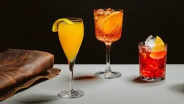 Drei Cocktails mit Zitrusgarnituren neben einem Lederbuch.