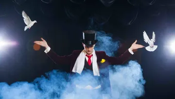 Magician performing with doves and smoke.