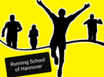 Silhouette of runners on a yellow background with text 'Running School of Hannover'.