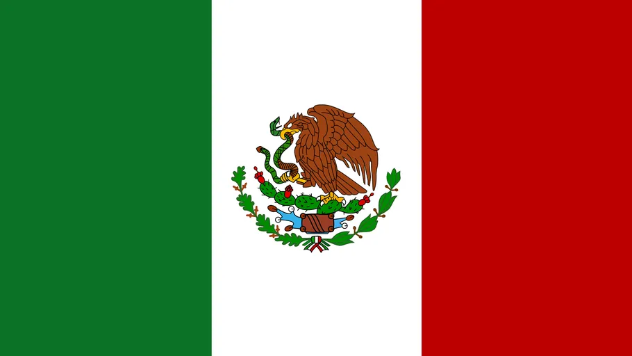 Mexican flag with eagle on cactus.