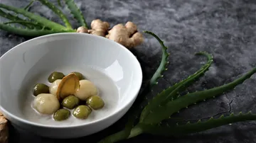 Bowl of dessert with aloe, ginger, and dumplings.