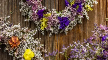 Bunte Blumenkränze auf einer Holzwand.