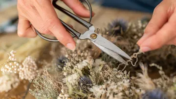 Hands using scissors to trim dried flowers.