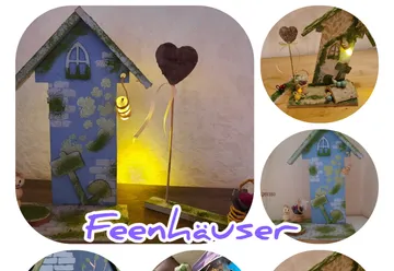 Decorative fairy house with lights and heart design.