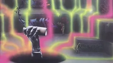 Handhaltende Zombie-Spraydose, neonfarbener Graffiti-Hintergrund.