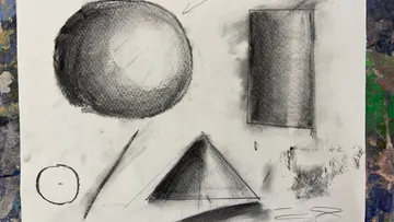 Charcoal sketches: sphere, rectangle, triangle, circle.