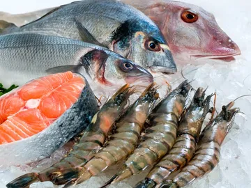 Frischer Fisch und Garnelen liegen auf Eis.