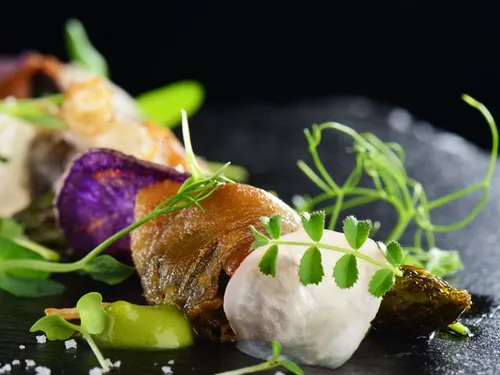 Ein Gericht auf einem schwarzen Teller, kunstvoll angerichtet.