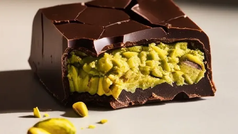 Dark chocolate filled with pistachio cream.