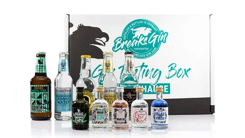 Gin tasting box with various gin bottles.